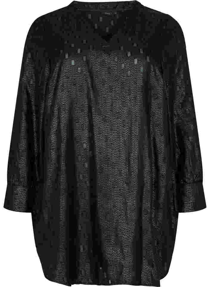 Strukturmønstret tunika med lange ærmer og v -hals, Black, Packshot image number 0