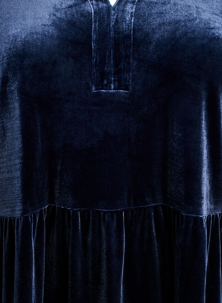 Kort velourkjole med flæsekrave og lange ærmer, Blå, Packshot image number 2