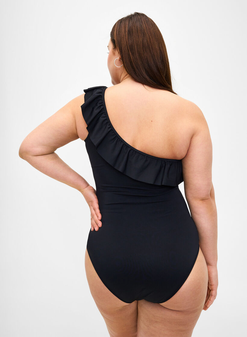 One-shoulder badedragt med flæse , Black, Model image number 1