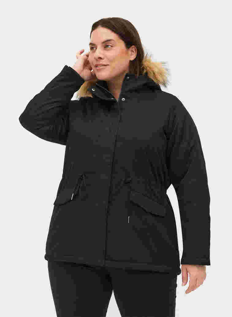 Kort parkajakke med hætte og imiteret pelskant, Black, Model image number 0