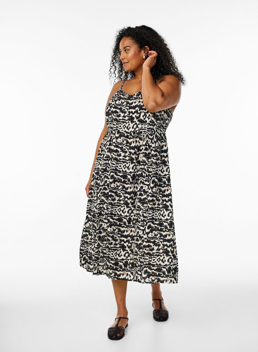 Midi stropkjole med smock bagpå, Sort, Model image number 0