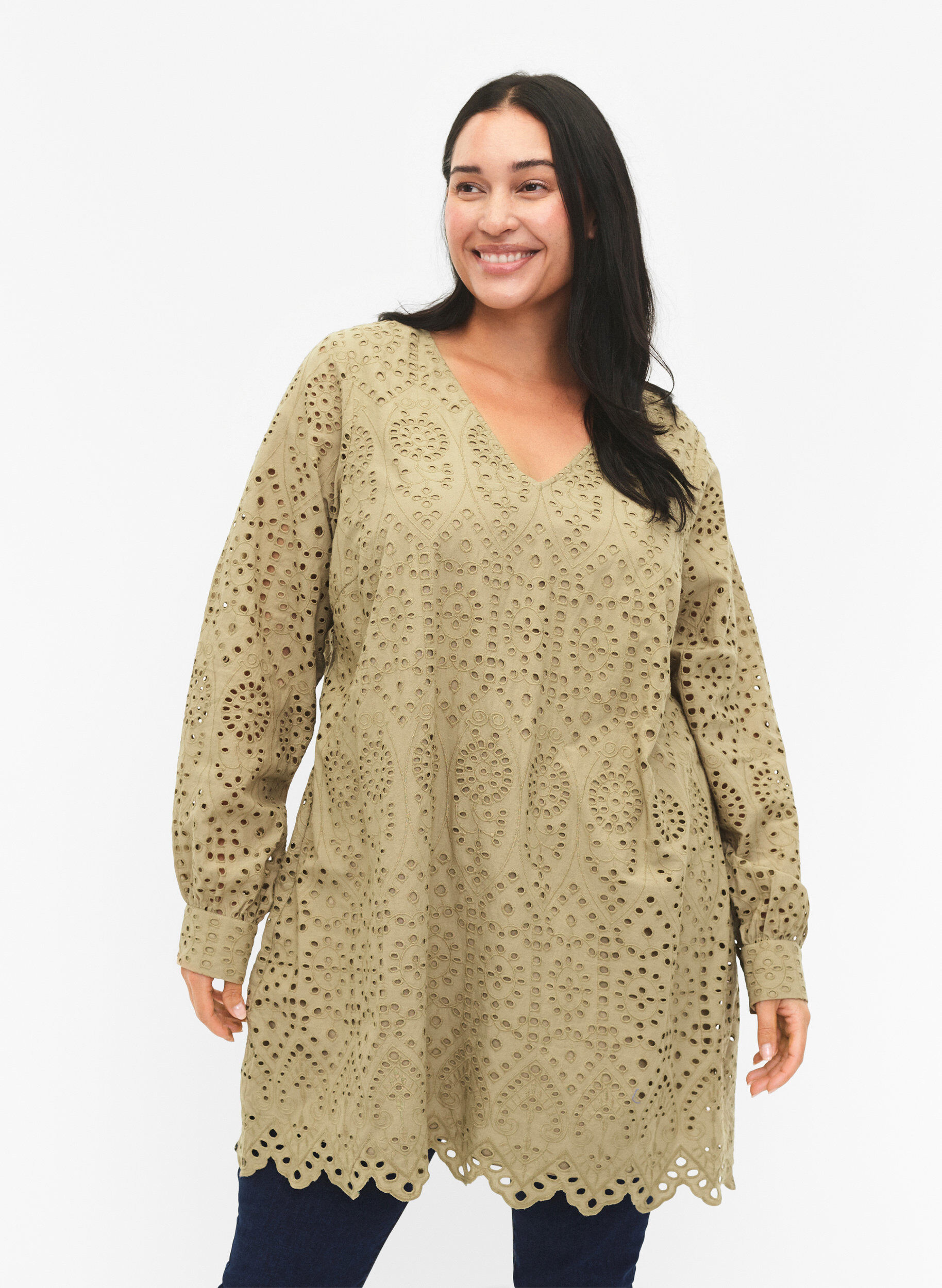 Zizzi Bomulds tunika med broderi anglaise, Coriander, Model image number 0