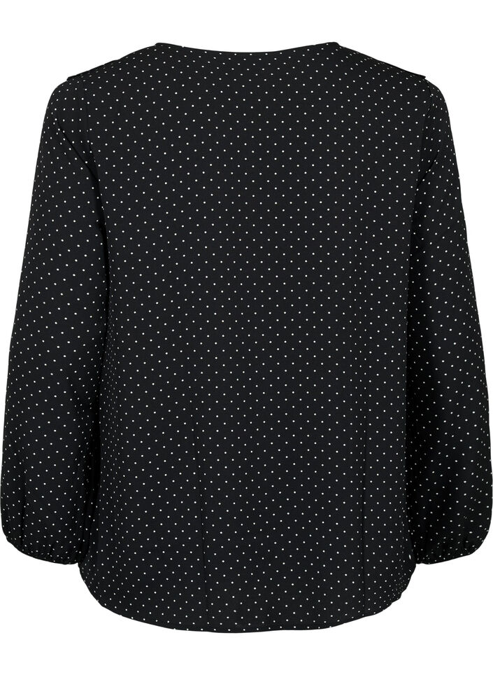Langærmet bluse med flæser, Black Dot, Packshot image number 1