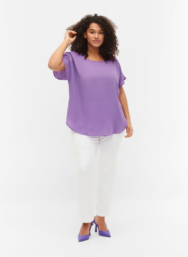 Bluse med korte ærmer og rund halsudskæring, Deep Lavender, Model image number 2