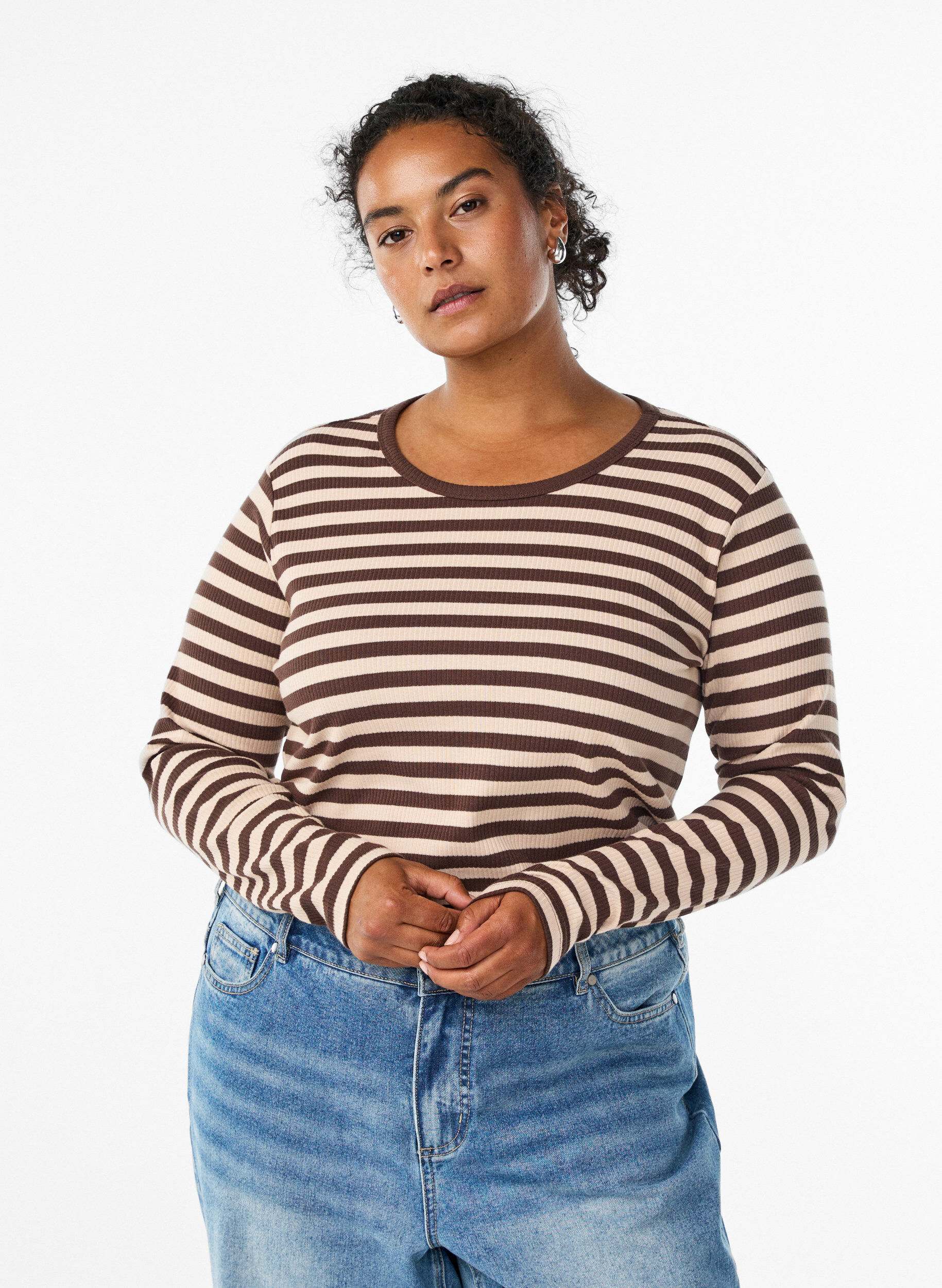 Zizzi Stribet bluse med lange &aelig;rmer, Brun, Model image number 0