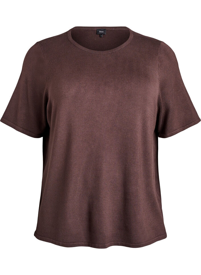 Kortærmet strikbluse i viskose, Brun, Packshot image number 0