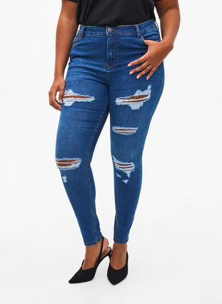 Slim fit jeans med sliddetaljer, Blue Denim, Model image number 2