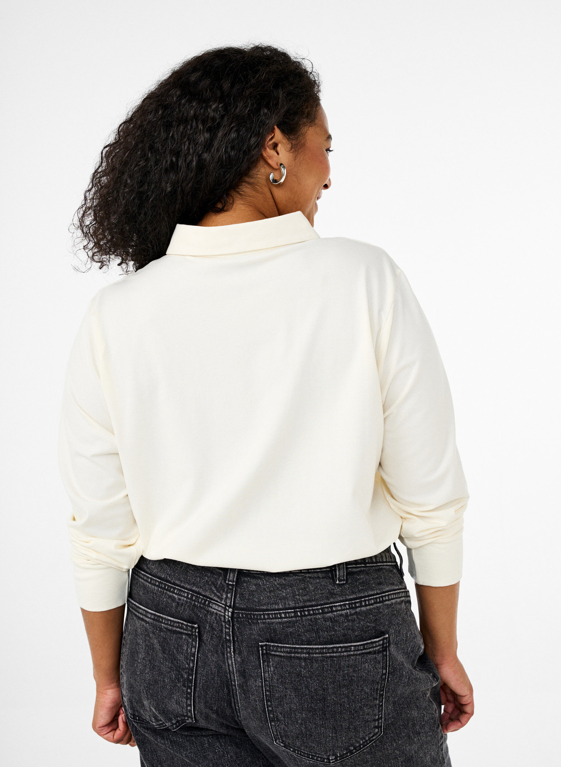 Zizzi Lang&aelig;rmet poloshirt med striber, Vanilla, Model image number 2