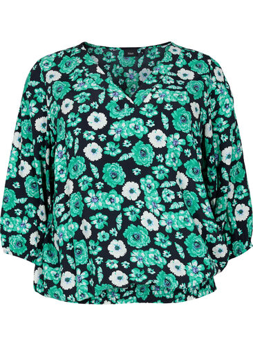 Blomstret viskose bluse med smock, Green Flower AOP, Packshot image number 0