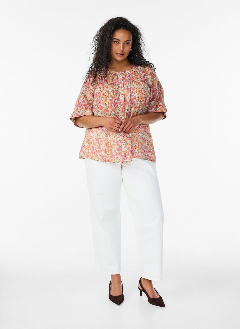 Skjortebluse i viskose med blomsterprint, Orange, Model image number 1