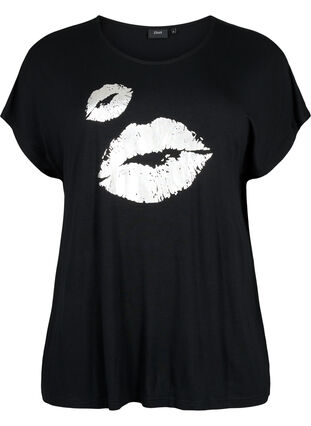 Kortærmet viskose t-shirt med tryk, Black W. Lips, Packshot image number 0