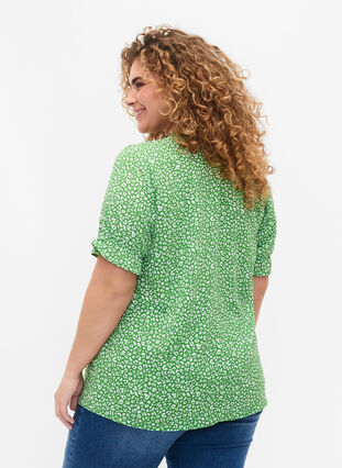 Kortærmet bluse med print, Green Ditsy, Model image number 1