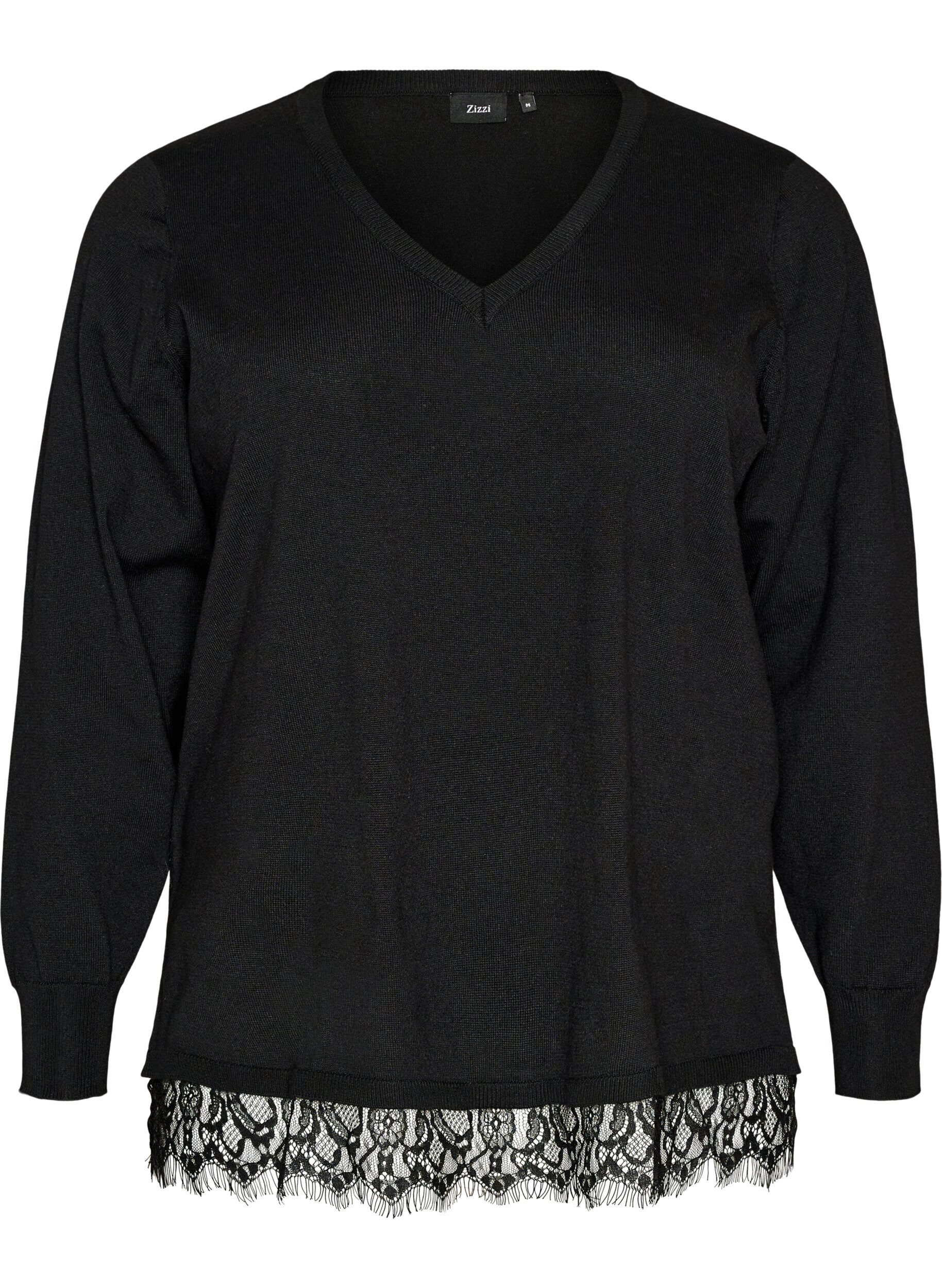 Strikbluse med V-hals og blondekant