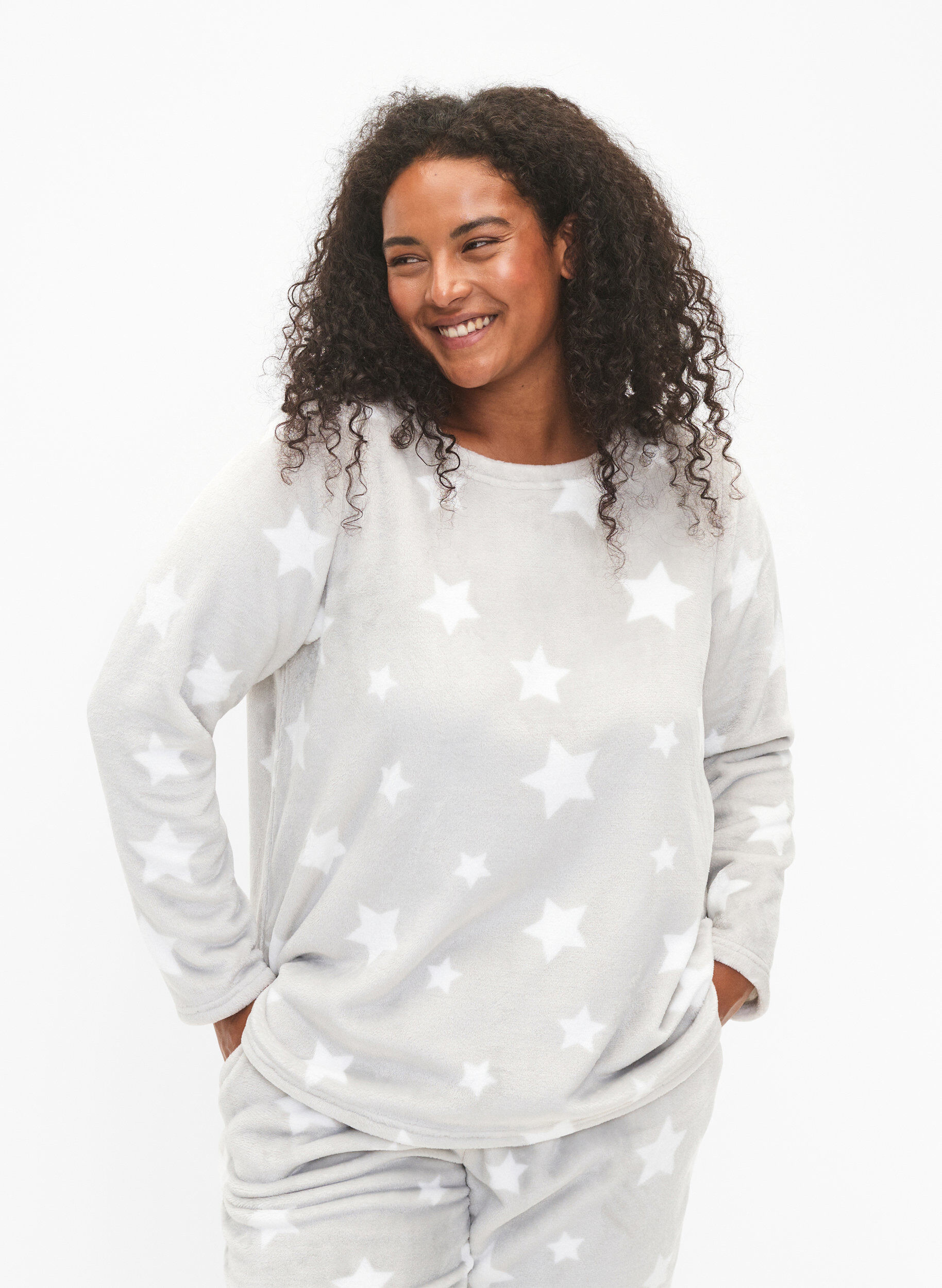 Zizzi Lang&aelig;rmet bluse med stjerner, Grey Star, Model image number 0