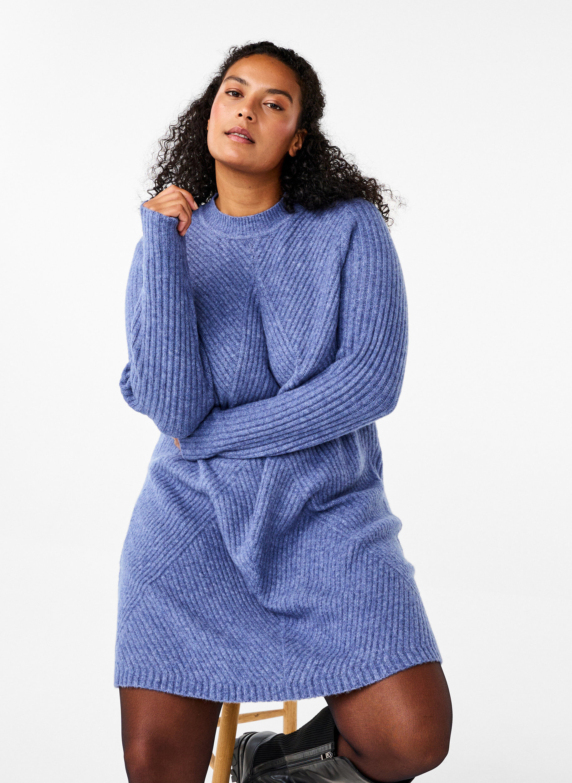 Zizzi Kort ribstrikket kjole med rund hals, Grey Blue Mel., Image image number 0