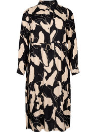 Langærmet midikjole i viskose med print , Black AOP