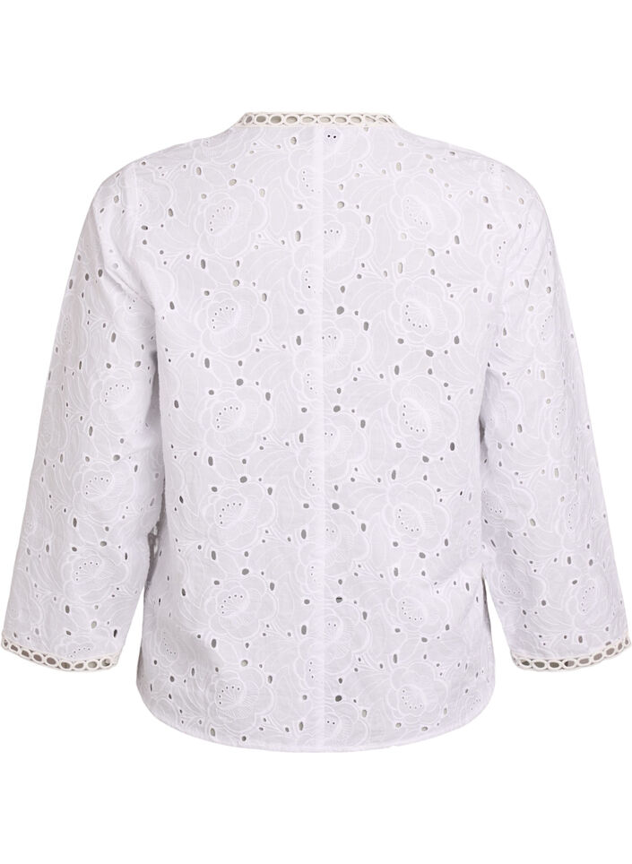 Lang&aelig;rmet bluse i bomuld med broderie anglaise, Hvid, Packshot image number 1