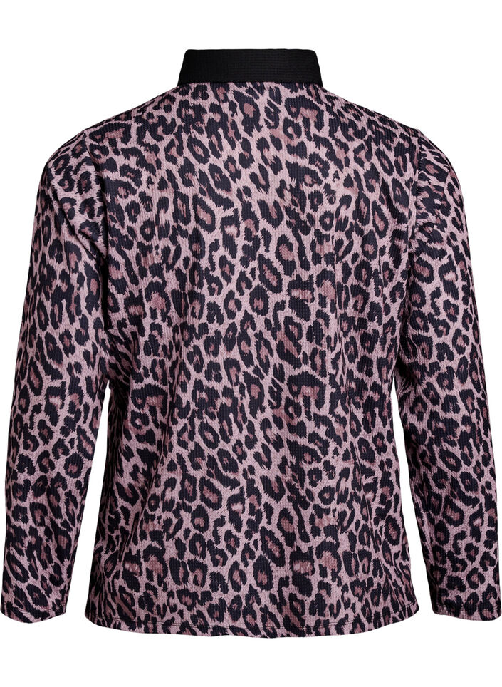 Poloshirt med leopardmønster og guldfarvede knapper, Brun, Packshot image number 1