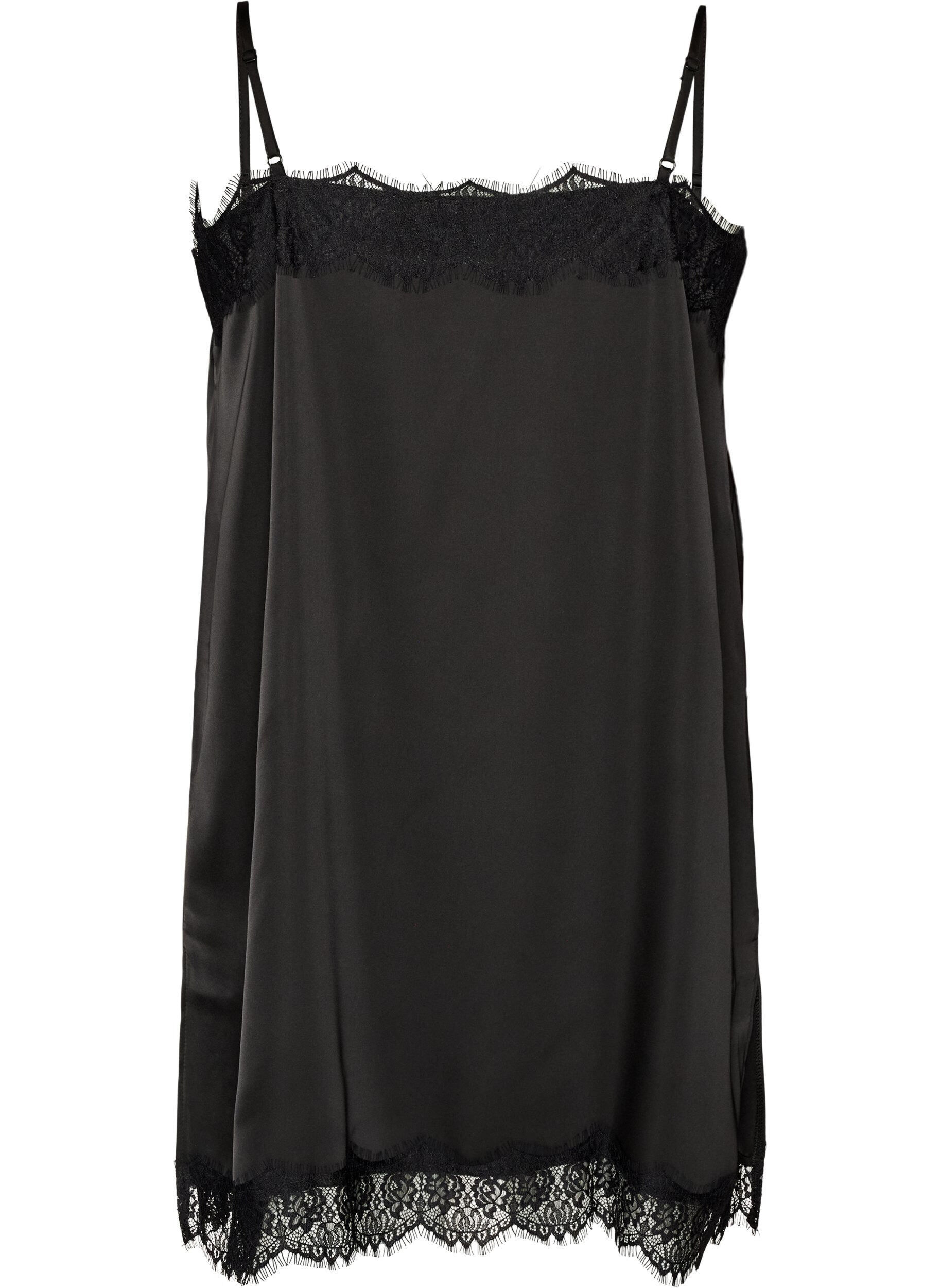 ZizziLang satintop med blondekanter, Sort, Packshot image number 1