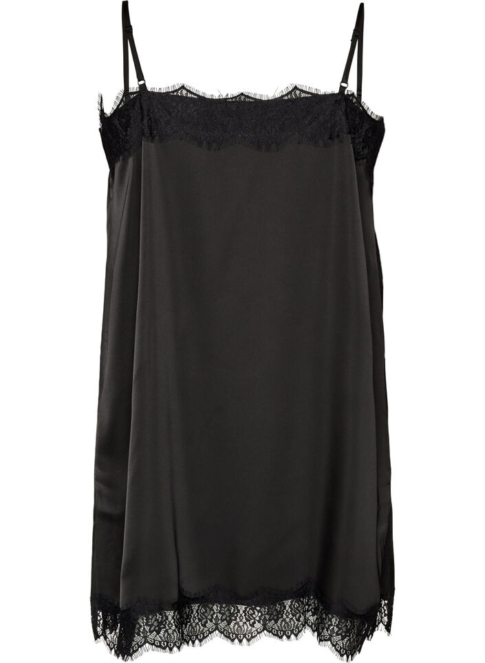 Lang satintop med blondekanter, Sort, Packshot image number 1