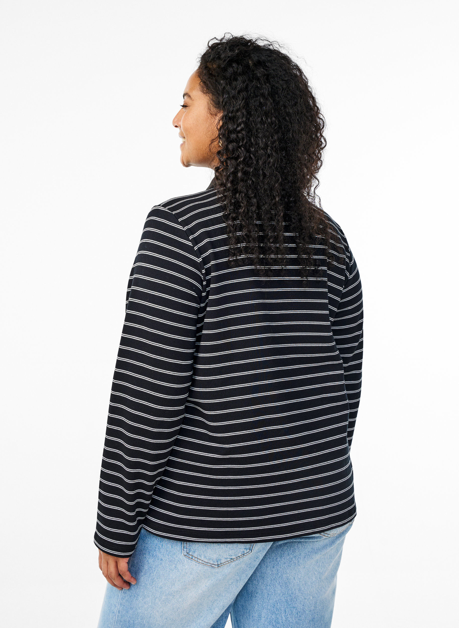 Zizzi Stribet poloshirt med lynl&aring;s, Sort, Model image number 2