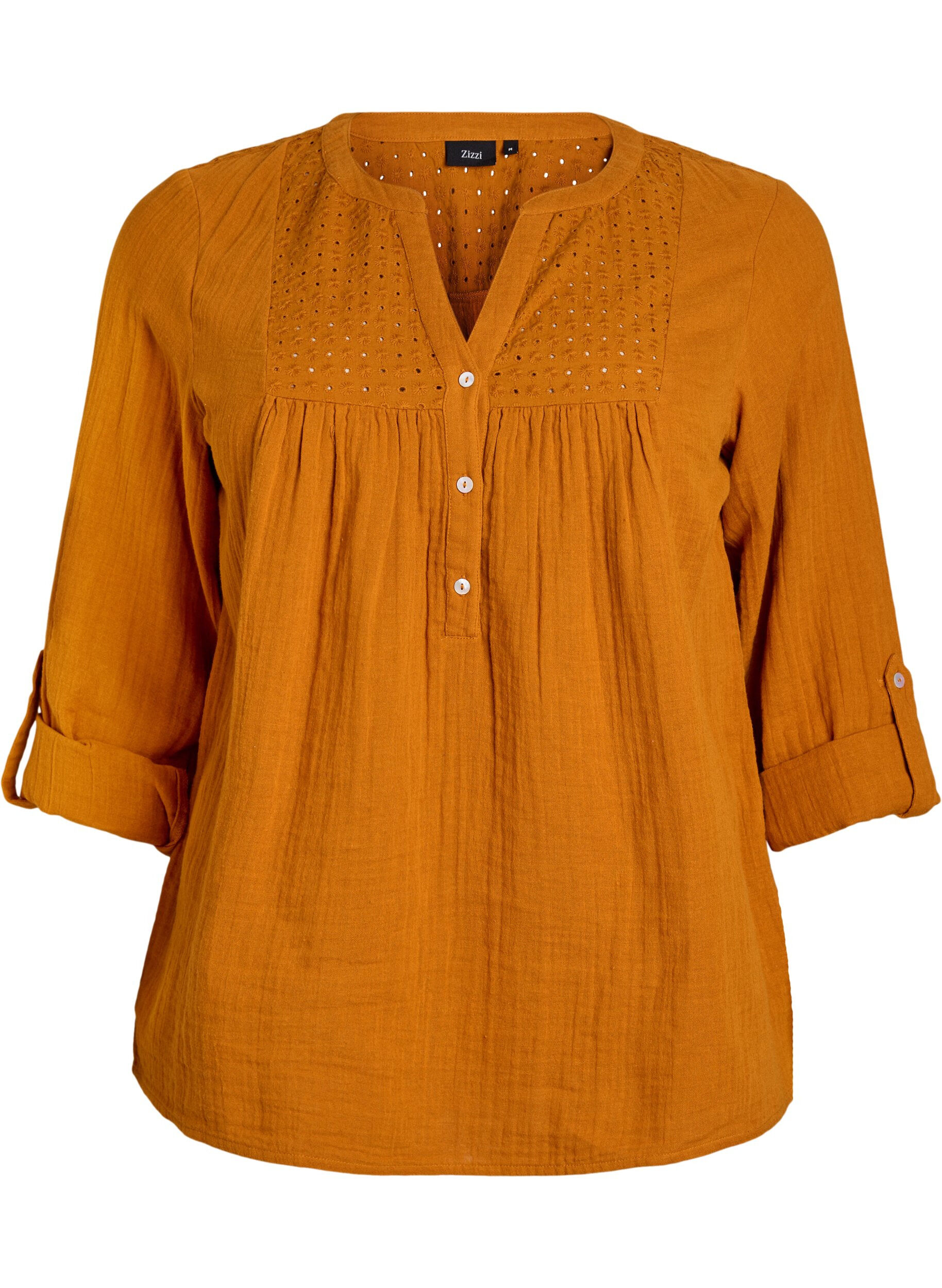 ZizziBluse i bomuldsmusselin med broderi anglaise, Orange, Packshot image number 0