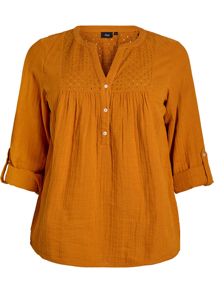 Bluse i bomuldsmusselin med broderi anglaise, Orange, Packshot image number 0