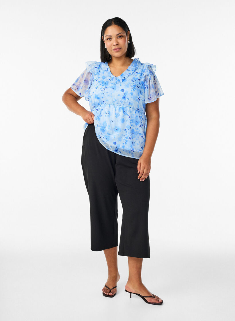 Blomstret bluse med fl&aelig;sekrave og peplum-effekt, Bl&aring;, Model image number 1