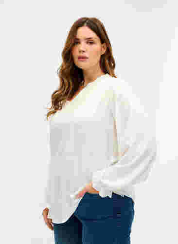 Langærmet bluse med smock- og flæsedetaljer, Bright White, Model image number 0