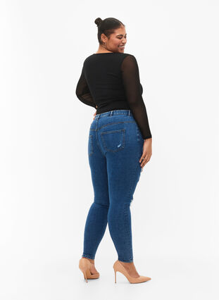 Tætsiddende jeans med sliddetaljer, Blue denim, Model image number 1