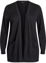 Lang strikcardigan med lommer og &aring;bent design, Sort