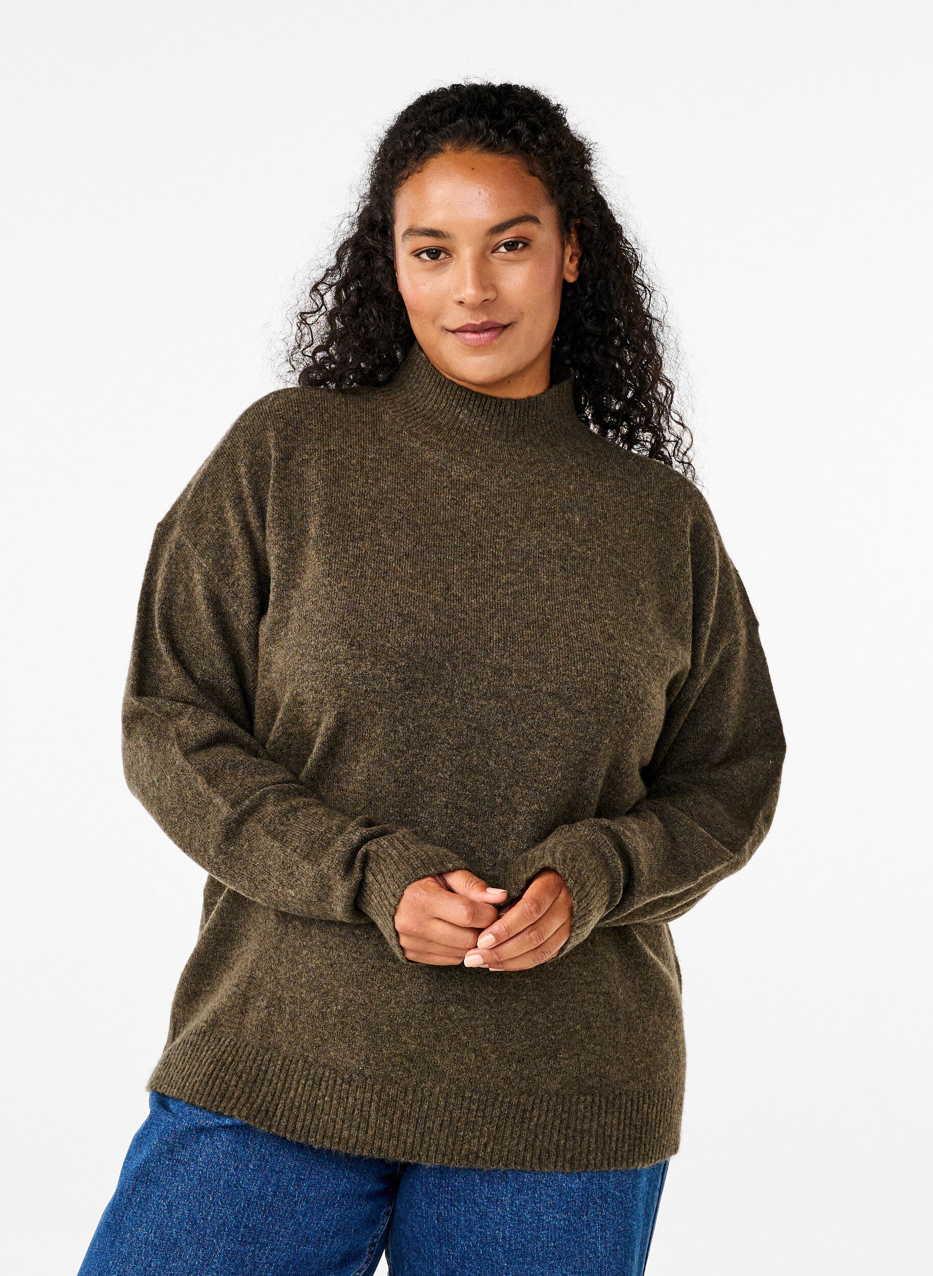 Zizzi Strikbluse med uld og h&oslash;j hals, Sea Turtle Mel., Model image number 0