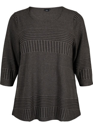 Bluse med 3/4 ærmer og stribet mønster, Dark Grey Melange, Packshot image number 0