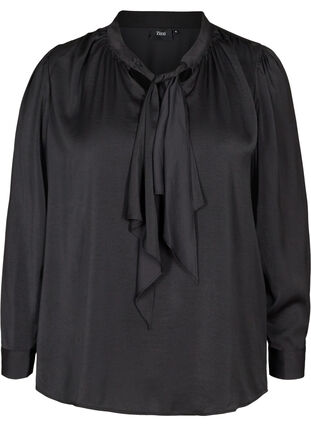 Langærmet bluse med bindedetalje, Black, Packshot image number 0