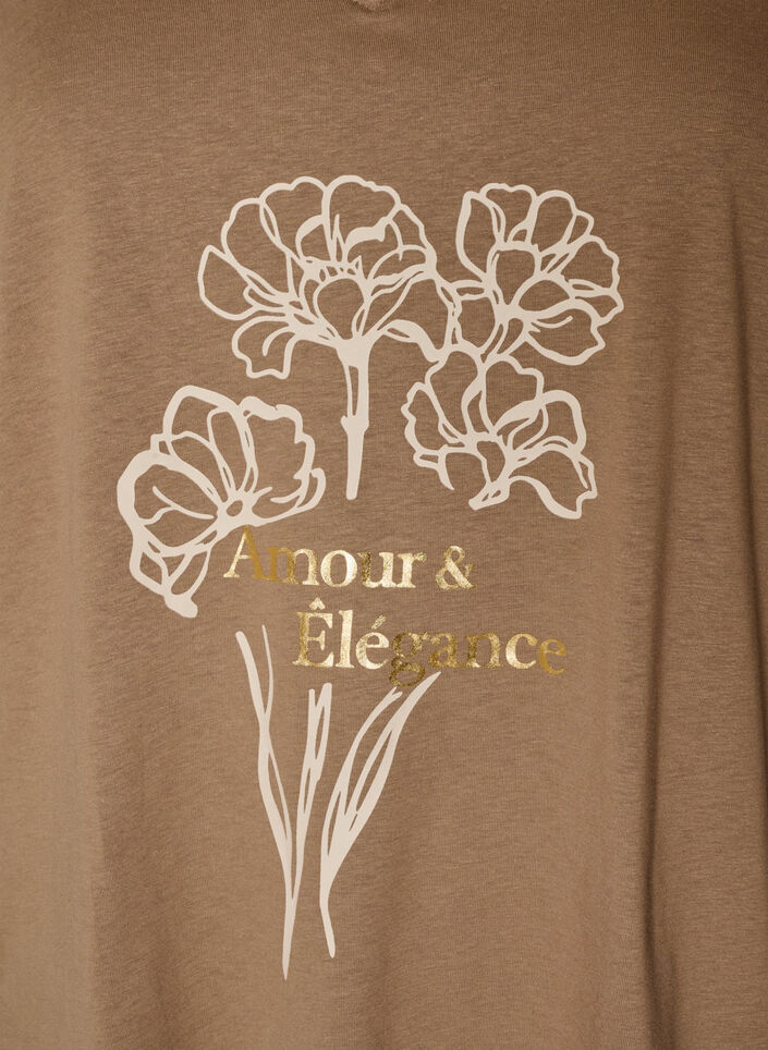 T-shirt i bomuld med frontprint og V-hals, Brun, Packshot image number 2