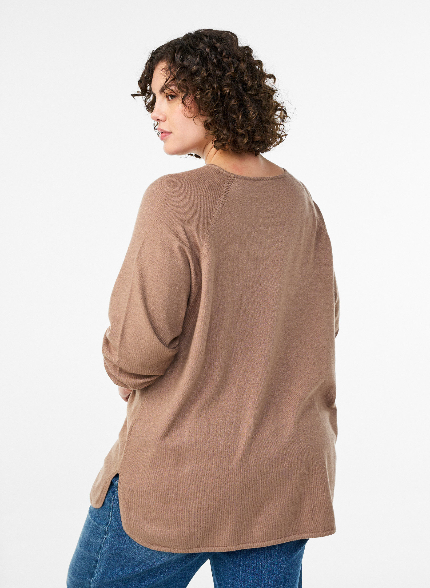 ZizziStrikbluse med rund hals og strikket m&oslash;nster, Brun, Model image number 2