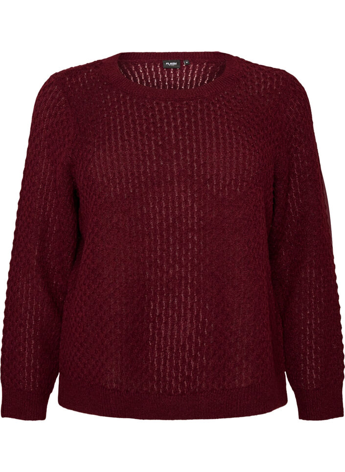 Strikbluse med struktureret hulm&oslash;nster, R&oslash;d, Packshot image number 0