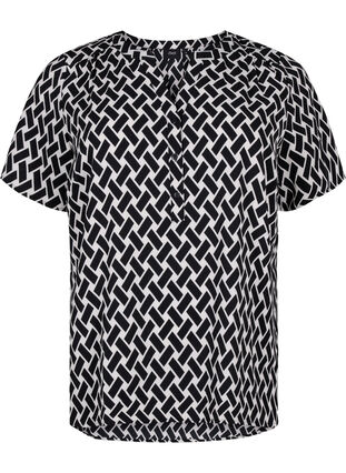 Bluse med korte ærmer og v-udskæring , Black Graphic AOP, Packshot image number 0