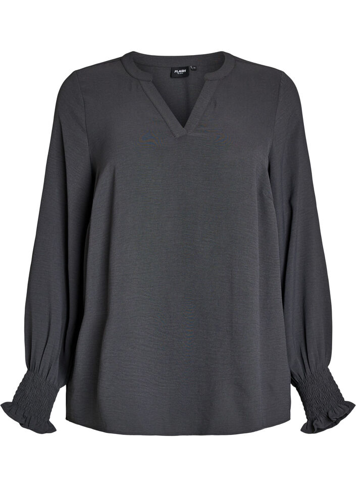 Bluse med smock manchetter og V-udsk&aelig;ring, Gr&aring;, Packshot image number 0