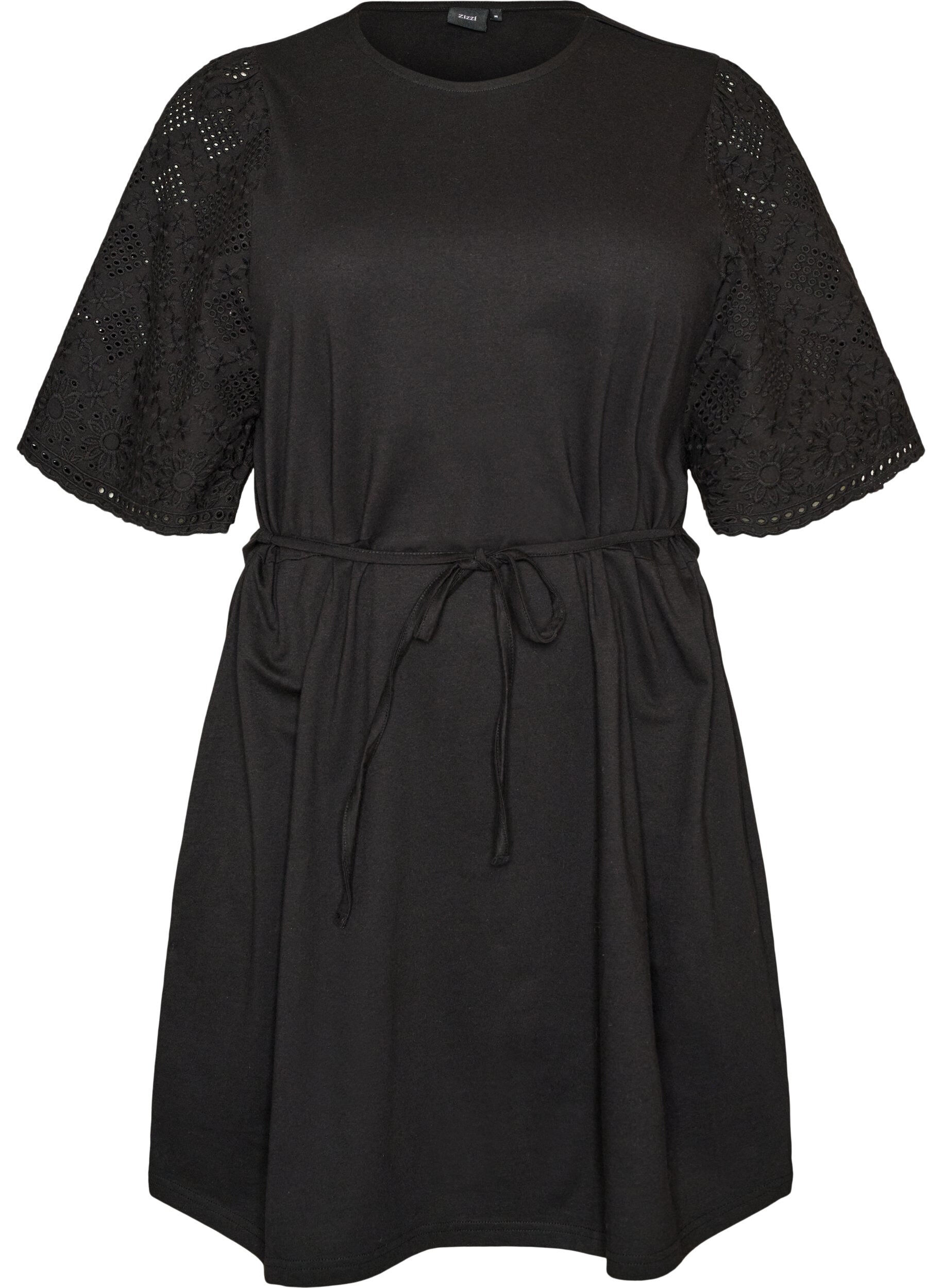 ZizziBomuldskjole med broderie anglaise-&aelig;rmer og bindeb&aring;nd, Sort, Packshot image number 0