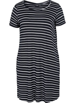 Stribet kjole med korte ærmer, Black w. Stripe, Packshot image number 0