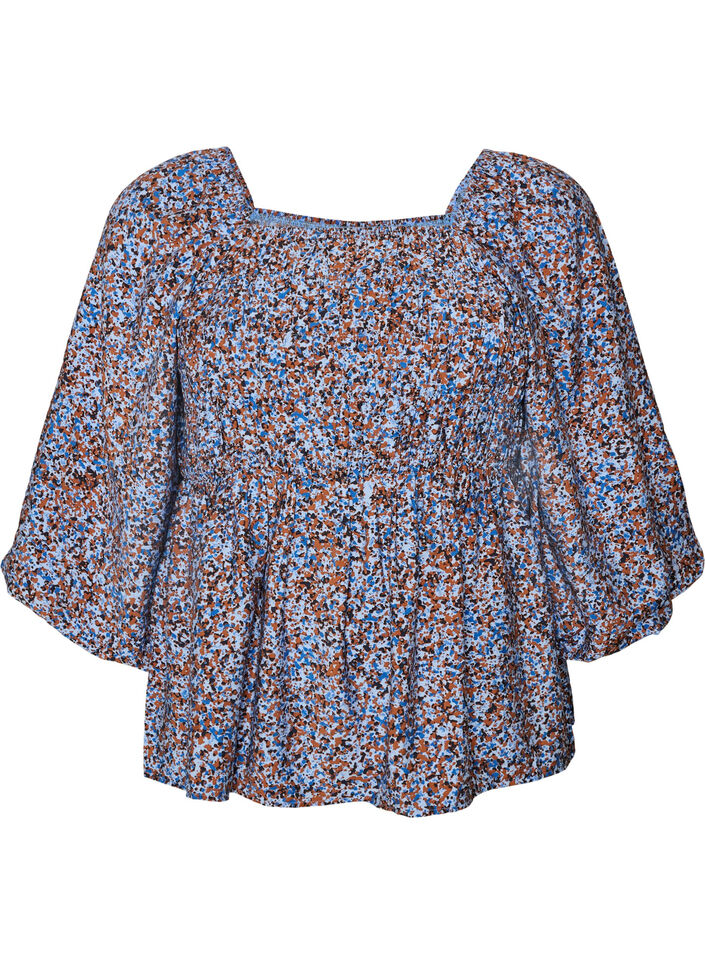 Bluse med smock og firkantet halsudsk&aelig;ring, Bl&aring;, Packshot image number 0