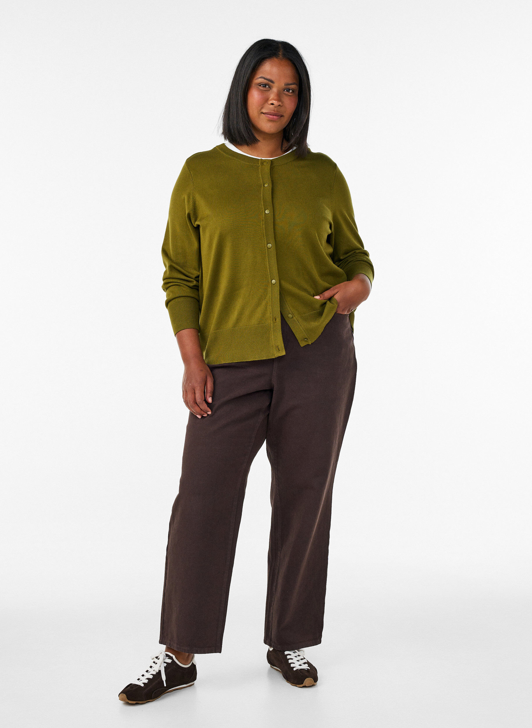 ZizziStrikcardigan med rund hals og knapper, Gr&oslash;n, Model image number 1