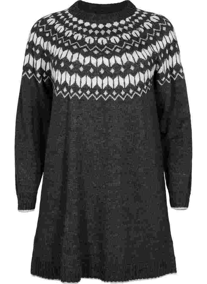 Mønstret strikkjole med uld, Dark Grey Mel Comb, Packshot image number 0