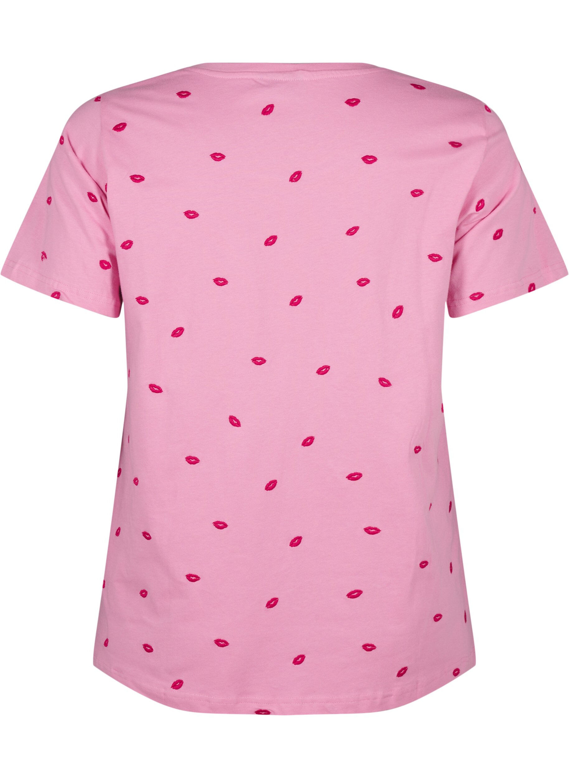 Zizzi T-shirt i &oslash;kologisk bomuld med broderede l&aelig;ber., Rose Bl. Lips Emb. , Packshot image number 1