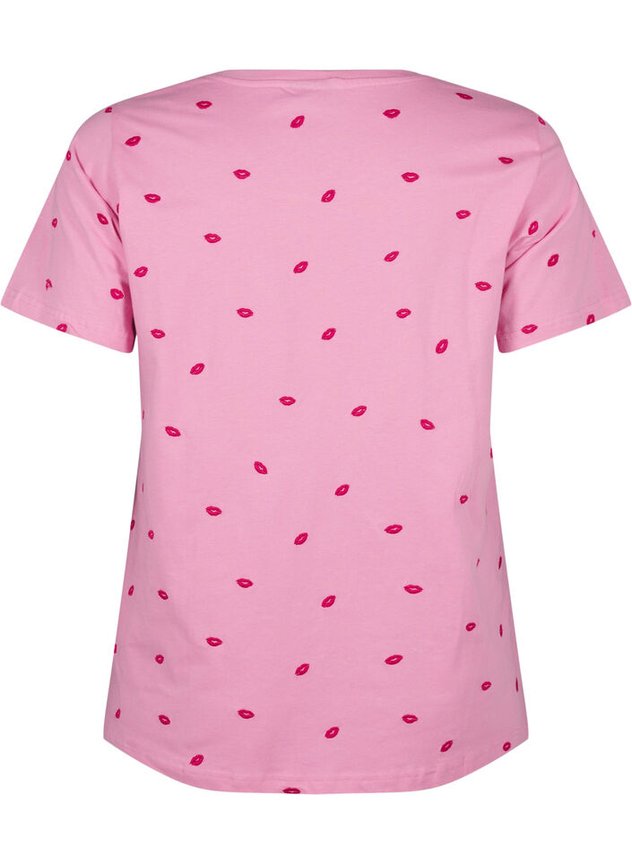 T-shirt i økologisk bomuld med broderede læber., Rose Bl. Lips Emb. , Packshot image number 1