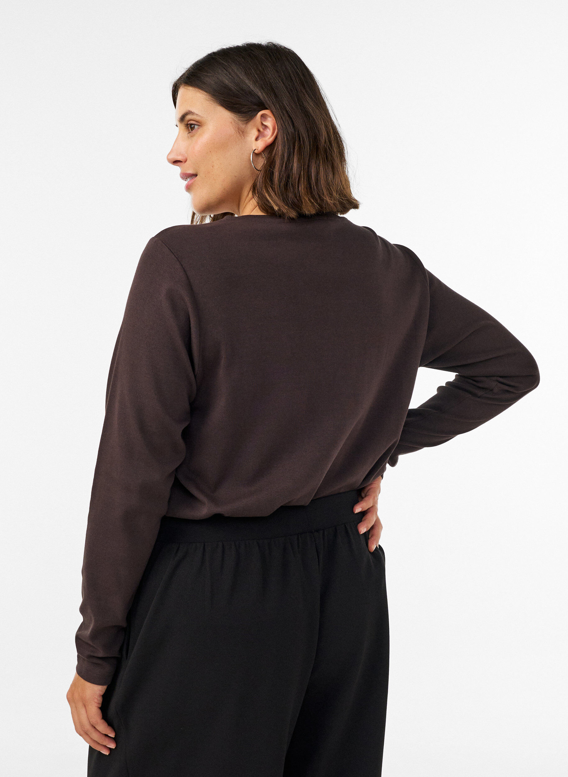 ZizziLang&aelig;rmet basis T-shirt med rund hals, Brun, Model image number 2