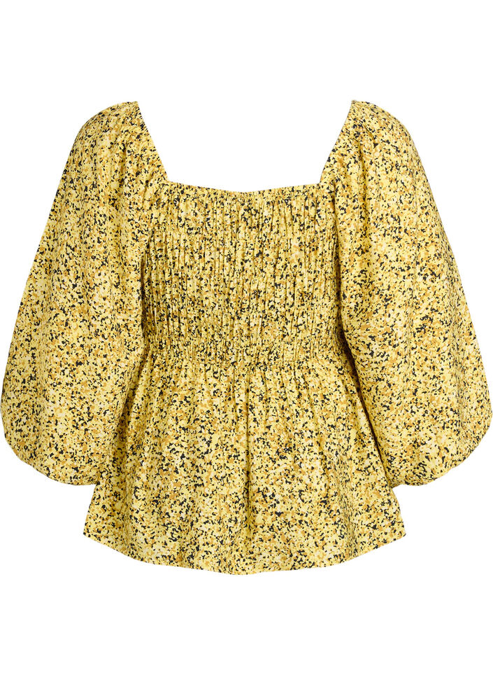 Bluse med smock og firkantet halsudsk&aelig;ring, Gul, Packshot image number 1