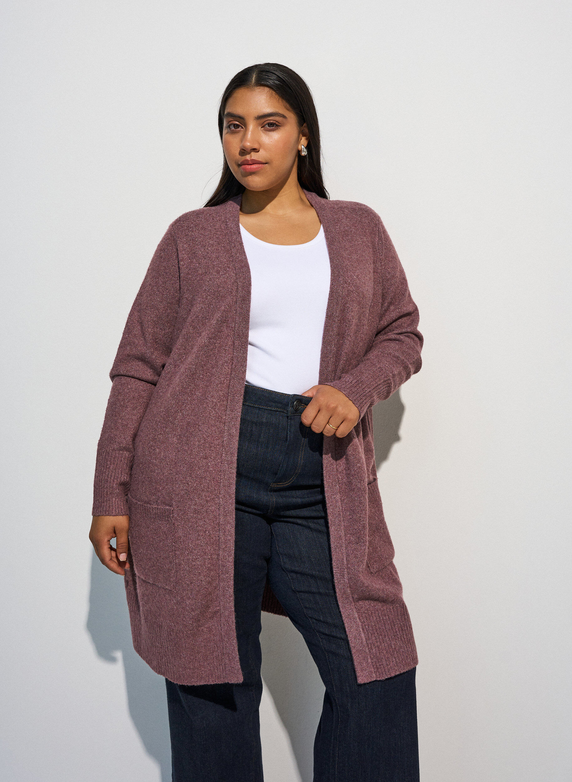 Meleret strik cardigan med lommer, Lyser&oslash;d, Model