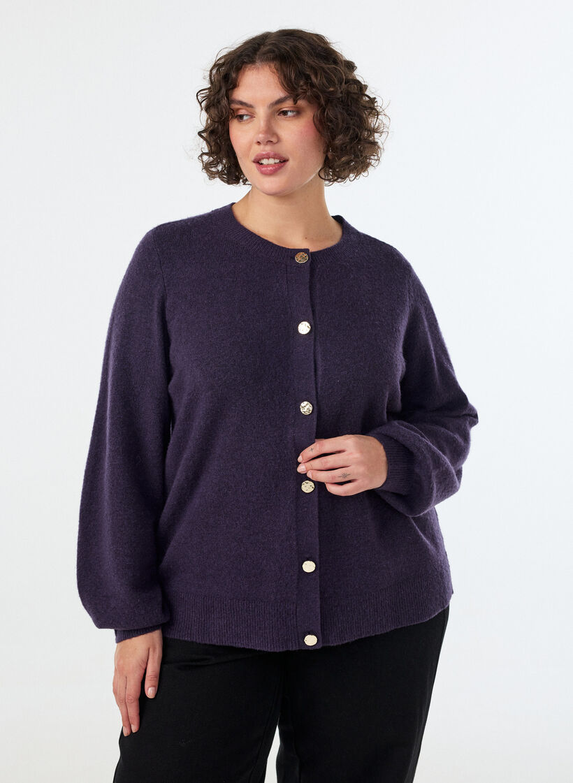 Cardigan i bl&oslash;d strik med guldfarvede knapper, Lilla, Model image number 0
